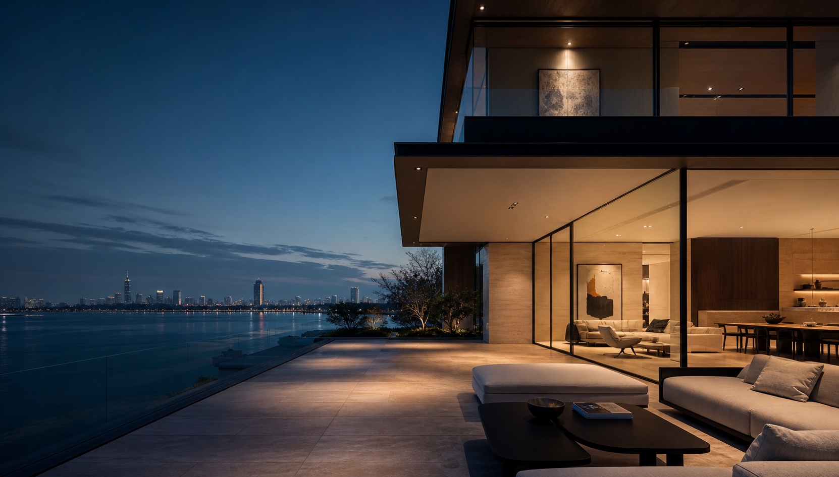 Contemporary UAE waterfront residence at blue hour